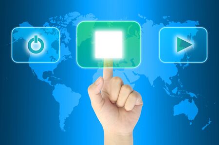 hand pushing media player technology button on a touch screen interfaceの写真素材