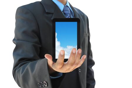 businessman hand holding touch pad PC on white backgroundの写真素材