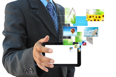 businessman hand holding touch pad PC on white backgroundの写真素材