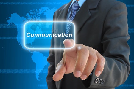 businessman hand pushing communication button on a touch screen interface の写真素材
