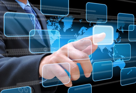 businessman hand pushing button on a touch screen interfaceの写真素材