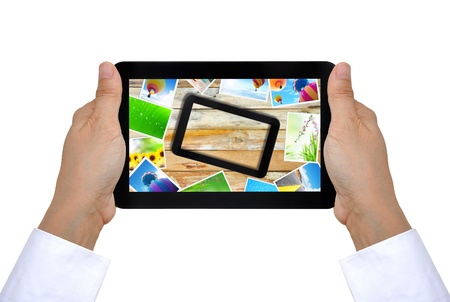 touch pad PC and streaming images virtual buttons on women handの写真素材