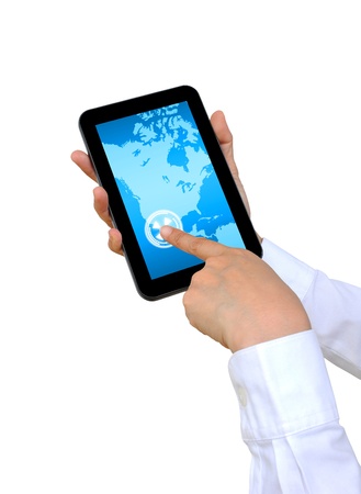 hand pushing North America Continent on a touch screen interface の写真素材
