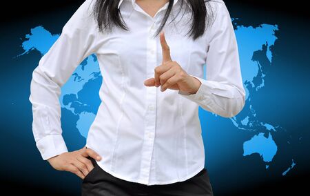 woman hand show 1 number on world backgroundの写真素材