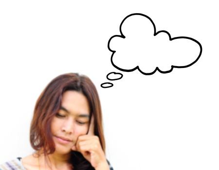 woman thinking isolated on white background の写真素材