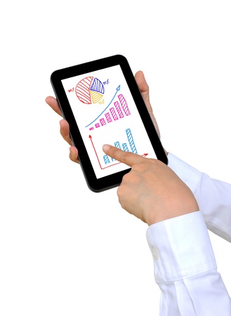 woman hand holding touch pad PC and business graphの写真素材