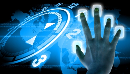 hand pushing button on a touch screen interfaceの写真素材