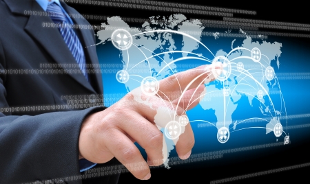 hand pushing social network button on a touch screen interfaceの写真素材