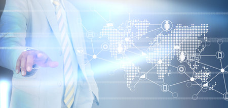 hand of businessman and social network on techの写真素材