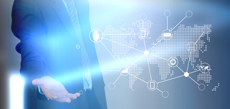 hand of businessman and social network on techの写真素材