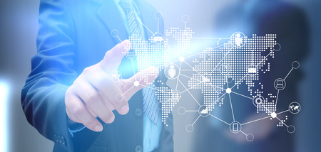 hand of businessman and social network on techの写真素材