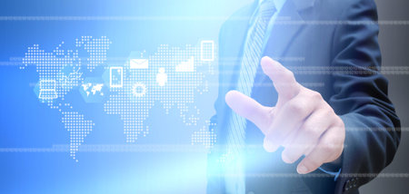 hand of businessman and social network on techの写真素材