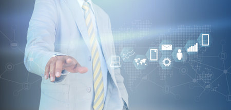 hand of businessman and social network on techの写真素材