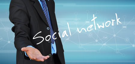 businessman hand holding social network on a touch screen interfaceの写真素材