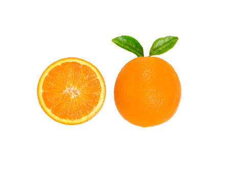 Two fresh orange slices and one orange fruit with green leaf isolated on white background.の写真素材