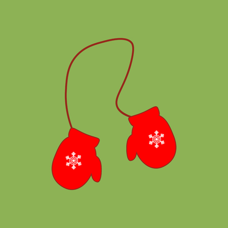 Red mittens with snowflakes on the green background. Vector illustration.のイラスト素材