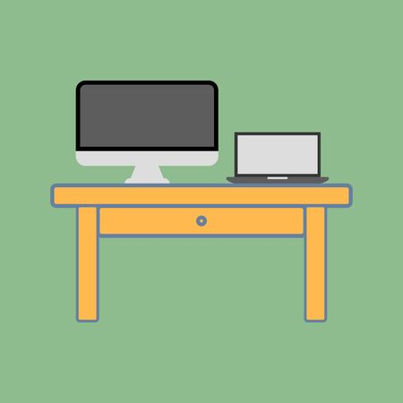 Working place vector illustration, office desk. Table, pc computer, monitor, notebook computerのイラスト素材