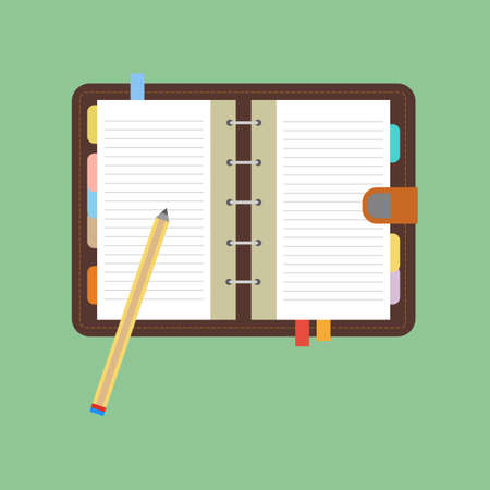 Notebook icon vector. Open notebook with white page. Pen. Pencil. Vector illustrationのイラスト素材