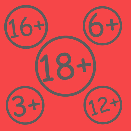 Red age restriction signs. Age limit sign. Vector illustrationのイラスト素材
