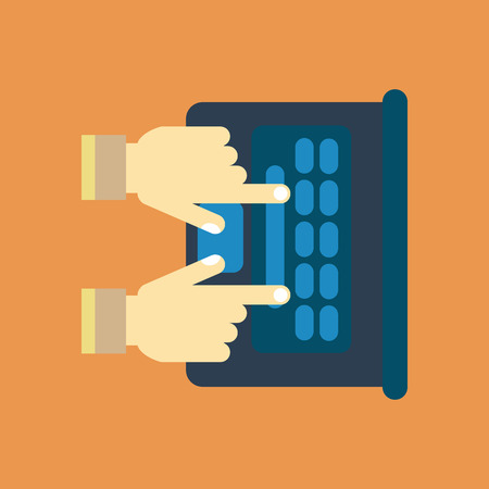 Notebook computer icon. Hands of a man on the laptop keyboard. Vector illustrationのイラスト素材