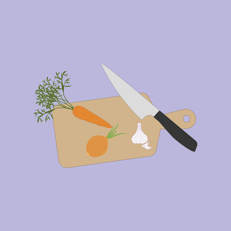 Vegetable Food Cooking. Carrot. Onion. Garlic. Board. Knife. Vector illustrationのイラスト素材