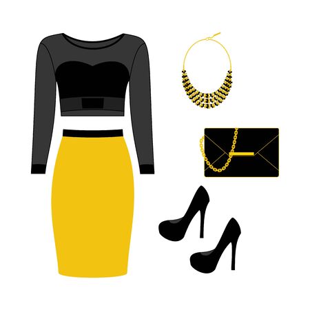 Fashion look illustration. Skirt, top, bag, shoes, necklace. Vector illustrationのイラスト素材