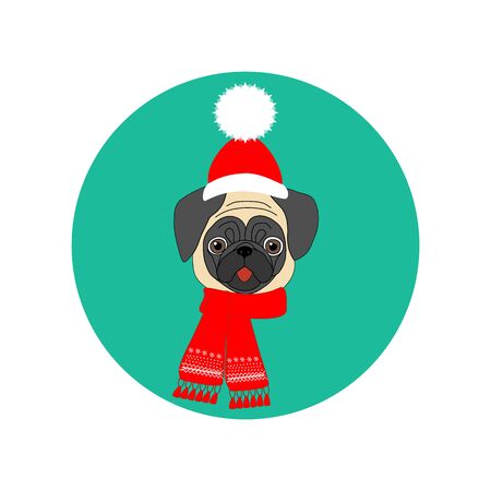 Pug with hat and scarf illustration on the green background. Vector illustrationのイラスト素材
