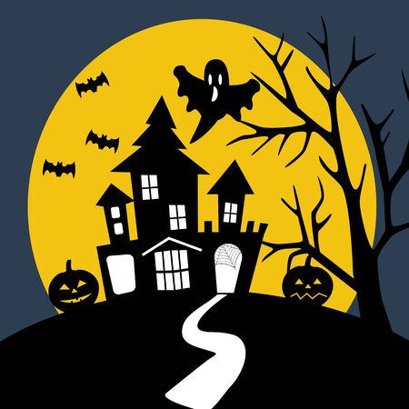 Halloween night illustration. Dark house on the moon background with ghost, bat and pumpkin. Vector illustrationのイラスト素材