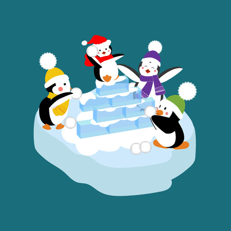 Penguins playing snowball. Vector illustration on the blue background.のイラスト素材