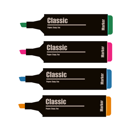 Markers icon illustration. Green, pink, blue and orange markers. Vector illustrationのイラスト素材