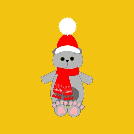 Scottish Fold Cat in hat and scarf on a yellow background. Vector illustrationのイラスト素材