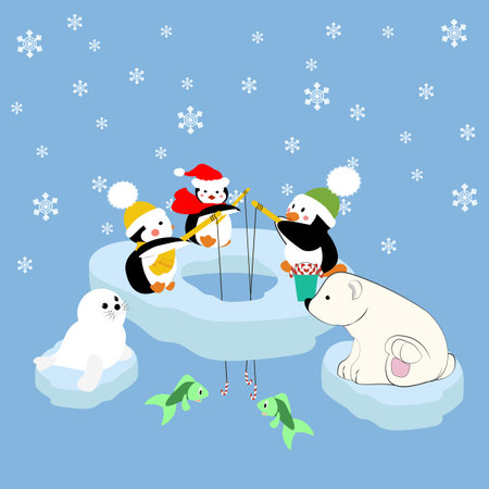 Pengiuns seal and bear fishing on an ice floe. Vector illustrationのイラスト素材