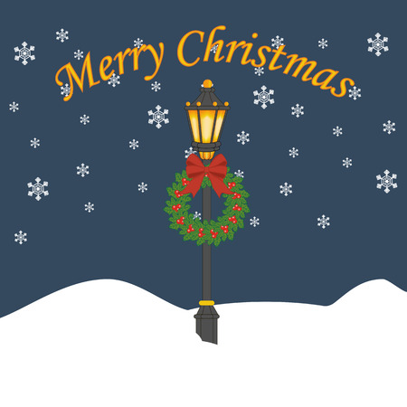 Street light with christmas wreath. Street lantern with christmas decoration. Vector illustrationのイラスト素材