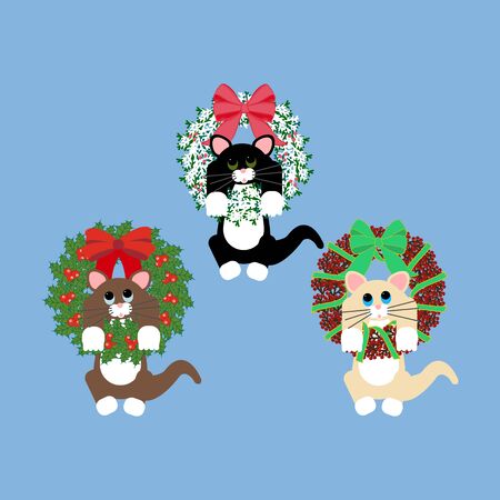 Three cats in christmas wreath. Cat hanging on wreath. Vector illustrationのイラスト素材