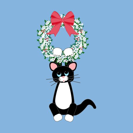 Cat in christmas wreath. Cat hanging on wreath. Vector illustrationのイラスト素材