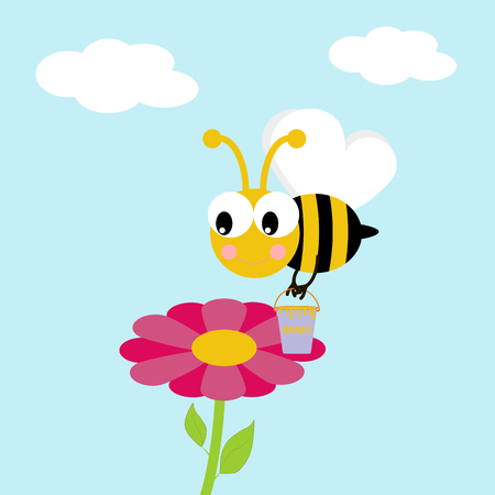 Working bee illustration. Bee with bucket of honey flying around the flower. Vector illustrationのイラスト素材