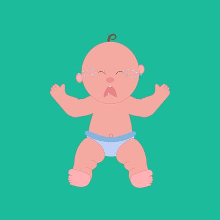 Crying baby illustration on the green background. Vector illustrationのイラスト素材