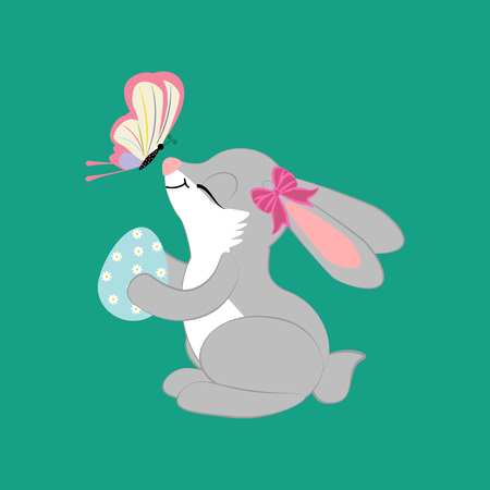 Rabbit with egg and butterfly on the green background. Vector illustrationのイラスト素材