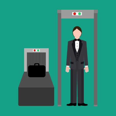 Metal detector at the airport on the green background. Vector llustrationのイラスト素材