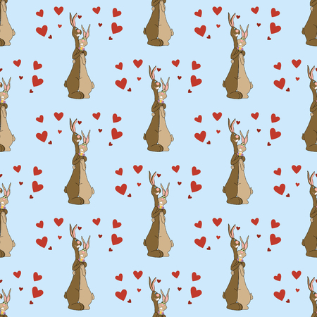 Hares in love seamless pattern on the blue background. Vector illustrationのイラスト素材
