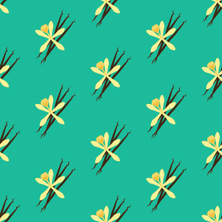 Vanilla flower seamless pattern on the green background. Vector illustrationのイラスト素材