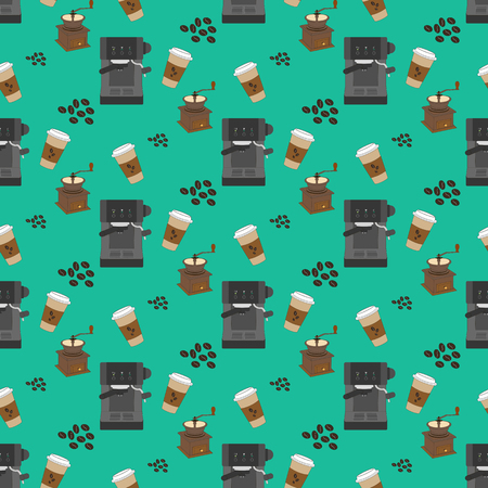 Coffee machine pattern on the green background. Vector illustrationのイラスト素材