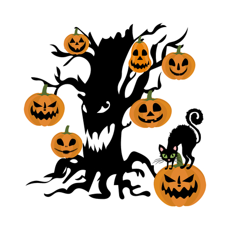 Evil tree and pumpkin on the white background. Vector illustrationのイラスト素材