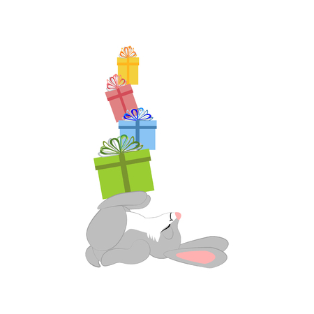 Rabbit with presents on the white background. Vector illustrationのイラスト素材