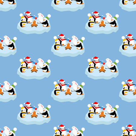 Penguins and rabbit pattern on the blue background.のイラスト素材
