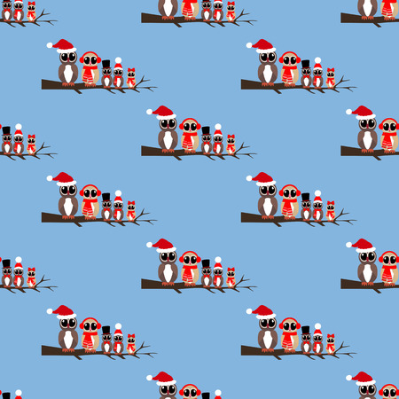 Owls family pattern on the blue background. Vector illustrationのイラスト素材