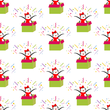 Penguin in gift box pattern on the white background. Vector illustrationのイラスト素材