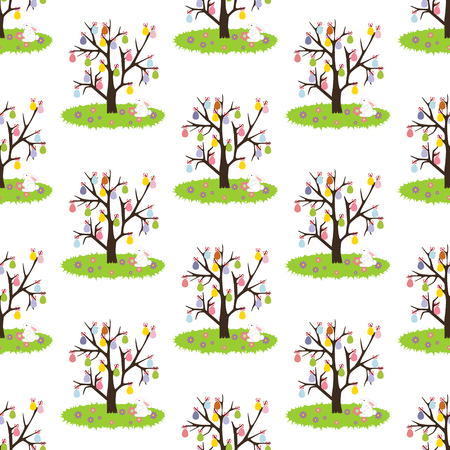 Easter eggs tree seamless pattern on the white background. Vector illustrationのイラスト素材