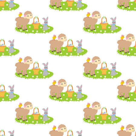 Easter bunny and lamb seamless pattern on the white background. Vector illustrationのイラスト素材