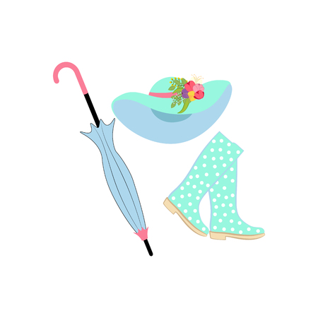 Umbrella shoes and hat on the white background. Vector illustrationのイラスト素材